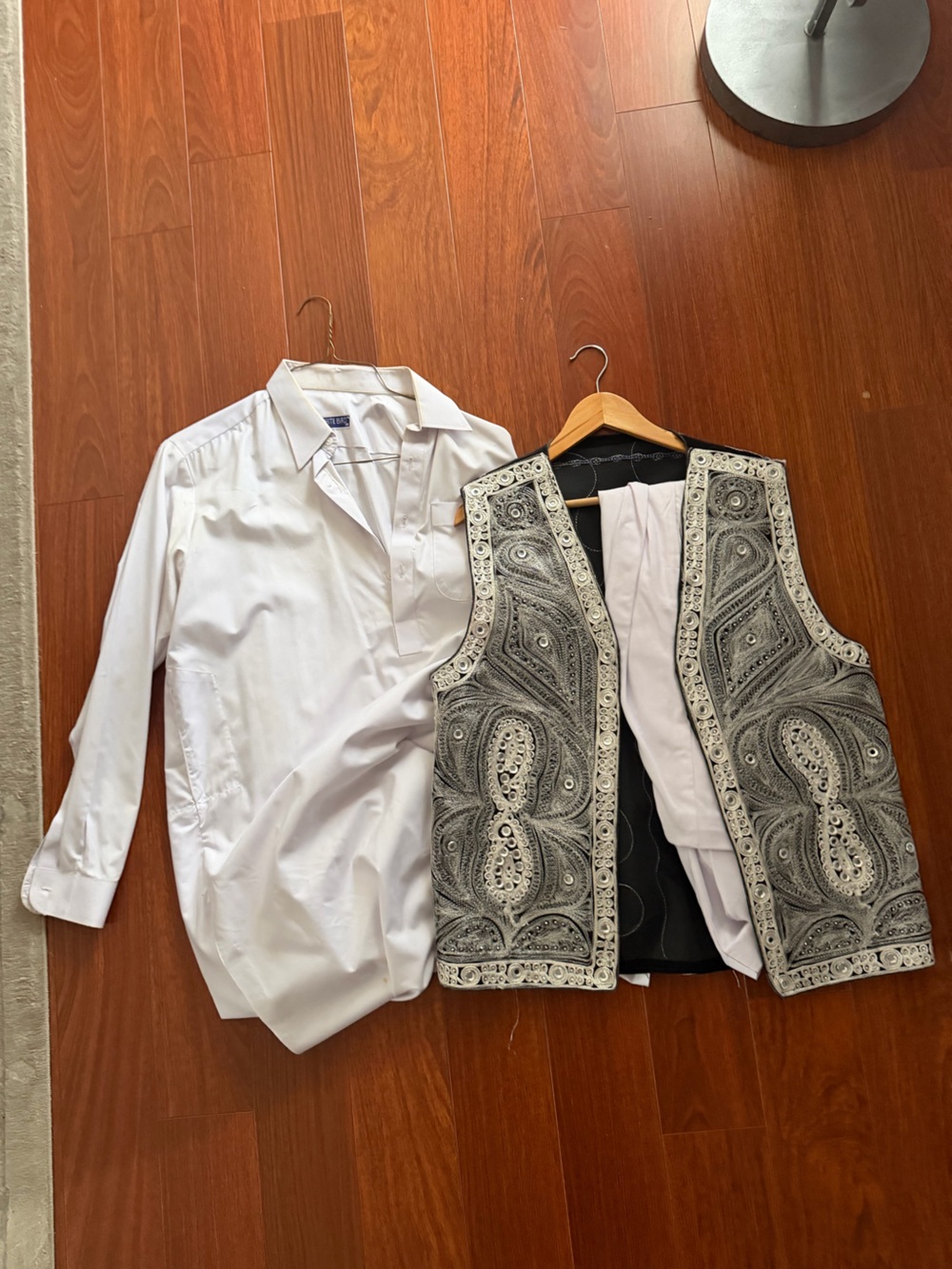 Blue Bird White Shirt with Ornate Black & White Embroidered Vest